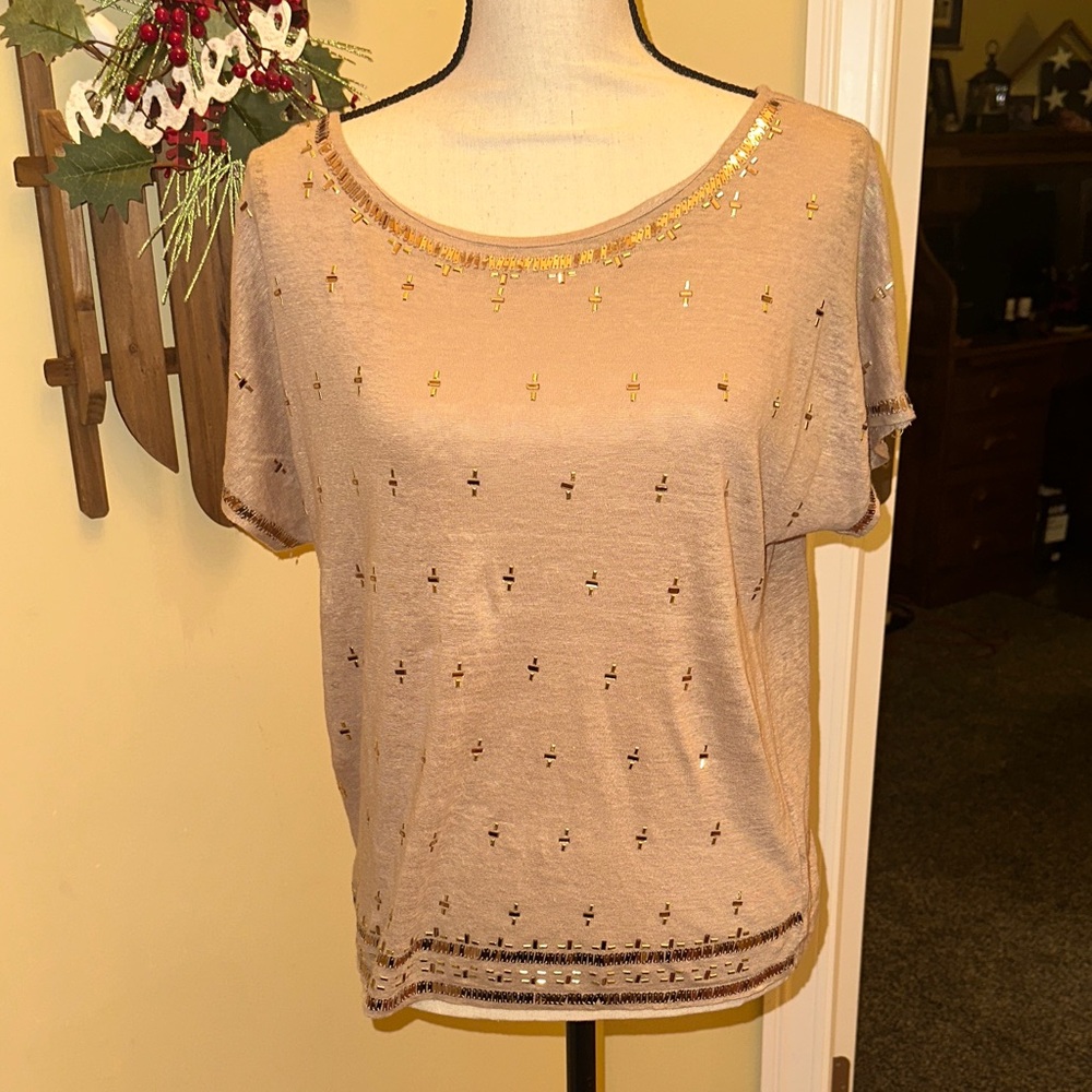 White House Black Market Gold Embellished Short Sleeve Top